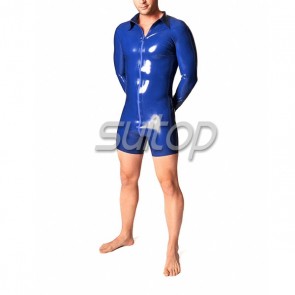 Shiny natural rubber latex long sleeve leotard jumpsuit with front zip in blue color for men