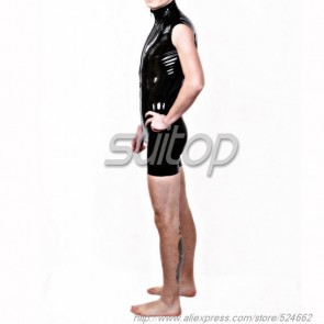 Men's rubber latex sleeveless leotard jumpsuit with front zip in black color