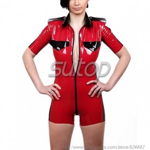 Suitop sexy rubber miltary latex army uniform catsuit with front zip in red color