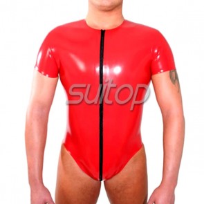 Men's rubber latex short sleeve leotard bodysuit with zip in red color