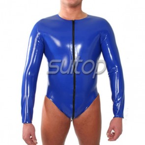 Men's rubber latex long sleeve leotard jumpsuit with front zip in blue color