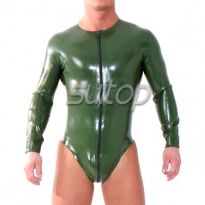 Long sleeve rubber latex leotard bodysuit with front zip in army green color for men