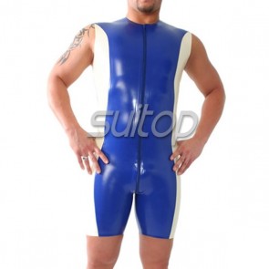 Men's rubber latex sleeveless leotard bodysuit with white trim main in blue color