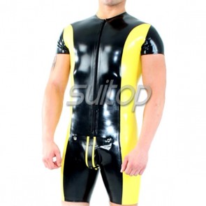 Men's rubber latex short sleeve leotard bodysuit with yellow trim main in black color