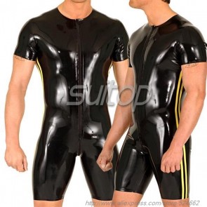 Pure handmade rubber latex short sleeve leotard bodysuit in black color for men