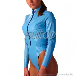 Pure handmade rubber latex leotard with front zip in sky blue color for women