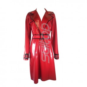 Women's latex catsuit shiny & loose style red long latex coat  windbreaker with black trims decorations CATSUITOP 
