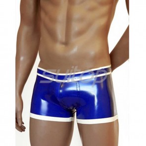 Men's exotic sexy rubber latex boxer shorts blue with white edges CATSUITOP 