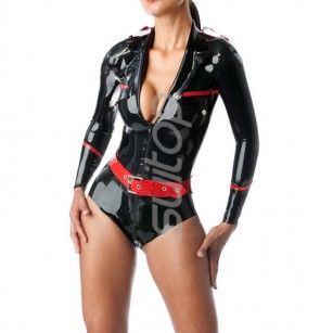 Women's latex bodysuit with front zipper to the butt and black with a red belt