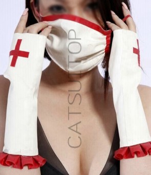 Women's latex masks and gloves in white  and red CATSUITOP 