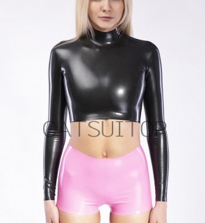  Casual women's rubber latex cropped long sleeve catsuit-shirt with black high neck t-shirt 