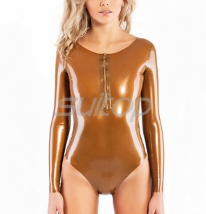 Women's latex catsuit shiny gold backless design swimwear long sleeve  swimsuit with front zipper decorations CATSUITOP 