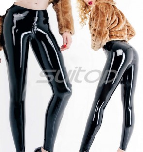 Women's latex catsuit stretch pants cool black leggings with crotch zipper decorations CATSUITOP 
