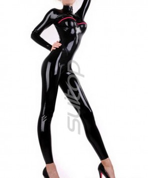 Women's latex catsuit chest zipper in and back zip to navel black and red zip CATSUITOP 