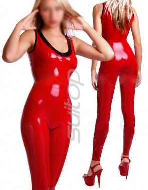 Women's latex catsuit with  No zipper in red and black  sleeveless CATSUITOP 