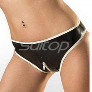 Women's latex crotch zipper design  latex underwear black with white trims CATSUITOP 