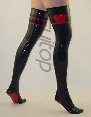 Hot selling women's rubber latex stockings black + love red edge stockings
