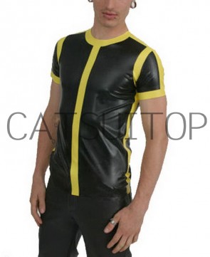 Super premium men's rubber latex short sleeve catsuit top in black with yellow edges
