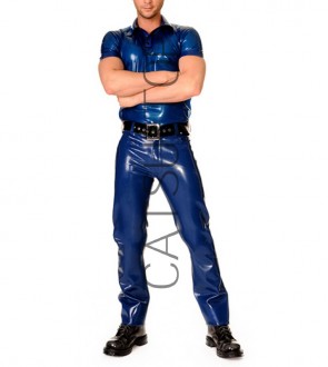 Men's sexy latex rubber blue jeans