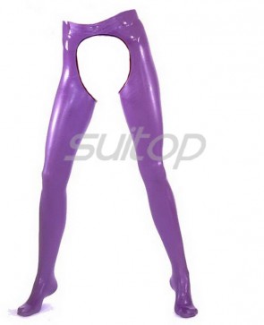 Women's catsuit adult's sexy latex leggings with crotchless design sexy purple latex stretch panties with black trims decorations