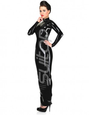 Women's latex back zipper design black long sleeve slim latex bondage dress  CATSUITOP 