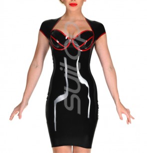 Women's latex black  slim sexy  dress with high neck & short sleeve design decoratived with red trims CATSUITOP 