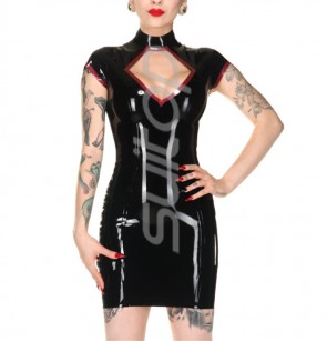 Women's latex black  slim sexy  dress with high neck & short sleeve design decoratived with red trimsr CATSUITOP 
