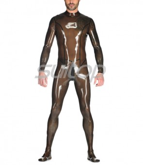 Men's Cool transparent black  long sleevelatex bondage catsuit with feet and attached back zipper to crotch design