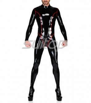 Men's back zipper to navel design  black long sleeve latex bondage catsuit with red stripes decorations CATSUITOP 
