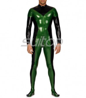 Men's latex  catsuit army green patchwork black  bondage suit  CATSUITOP