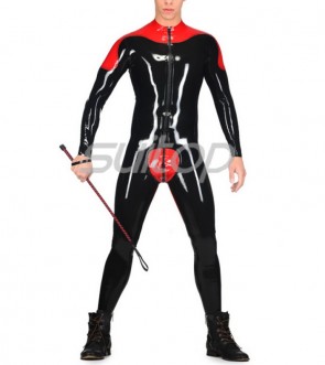  Men's latex catsuit  front zipper to ass design black patchwork red l bondage suit  CATSUITOP 