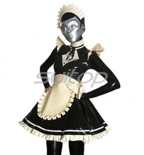 Women's latex catsuit hot selling  rubber maid uniform and dress with apron no socks in black CATSUITOP 