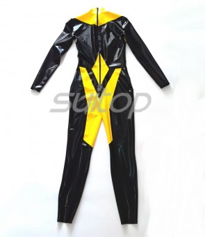 Men's black patchwork yellow latex uniform catsuit bondage long sleeve with back zipper CATSUITOP 