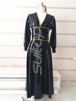 Women's latex vintage style  black long latex dress with gold trims decorations CATSUITOP 