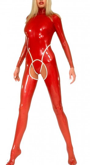Women's latex catsuit T-back  with back zip in red and white CATSUITOP 