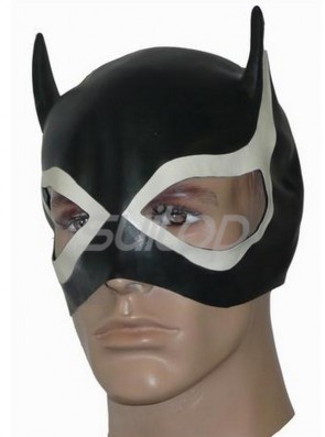 Batmen design adults' black latex catsuit mask with white trims decorations