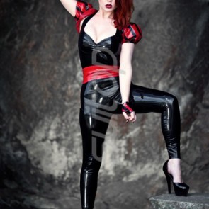 Women's latex catsuit with back zip in black and red color CATSUITOP 