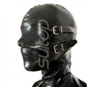 Breathless full head rubber latex hood masks(with holes on nose only)with belt in black color for adults