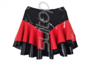 Made of 0.4mm thickness natural latex women's black patchwork red short ruffle latex skirt with front lace-up decorations