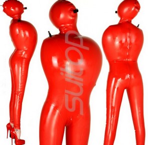 Women's latex inflatable  full cover catsuit with back zip  in red color CATSUITOP 