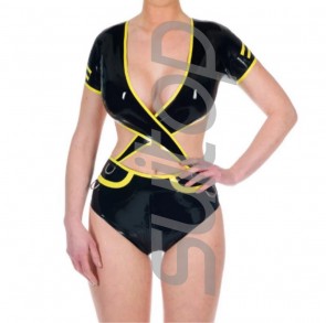  women's yellow trims decorations black  latex swimsuit  CATSUITOP 