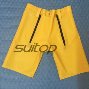 Men's sexy rubber latex boxer shorts with black zippers at the front and back yellow CUTTING