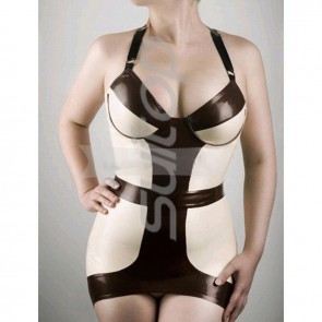 Women's latex halter design  slim style white patchwork brown summer dress with back zipper CATSUITOP 