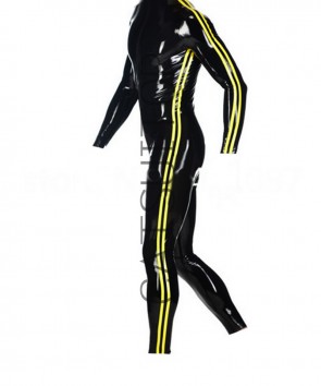 Men's latex bodysuit in black with yellow striped edge front zipper to ASS 