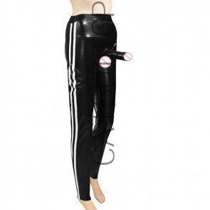 Men's Sexy Latex Rubber Black trousers with white striped edges WITH PENIS SHEATH