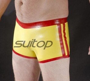 Men's sexy rubber latex men's shorts yellow with red edges without zipper CUTTING