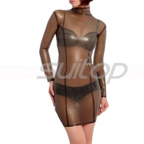 Women's latex sexy transparent black  bondage long sleeve dress with back zipper to waist decorations CATSUITOP 