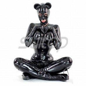 Sexy latex catsuit for women, black all-inclusive bodysuit without belt with cat head covering