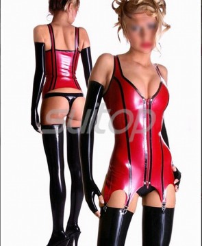 Women's latex sundress  gloves stockings  thong red and black CATSUITOP 