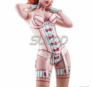 Suitop sexy rubber latex whole set including corselet,briefs,gloves and long stockings in multiple colors for women